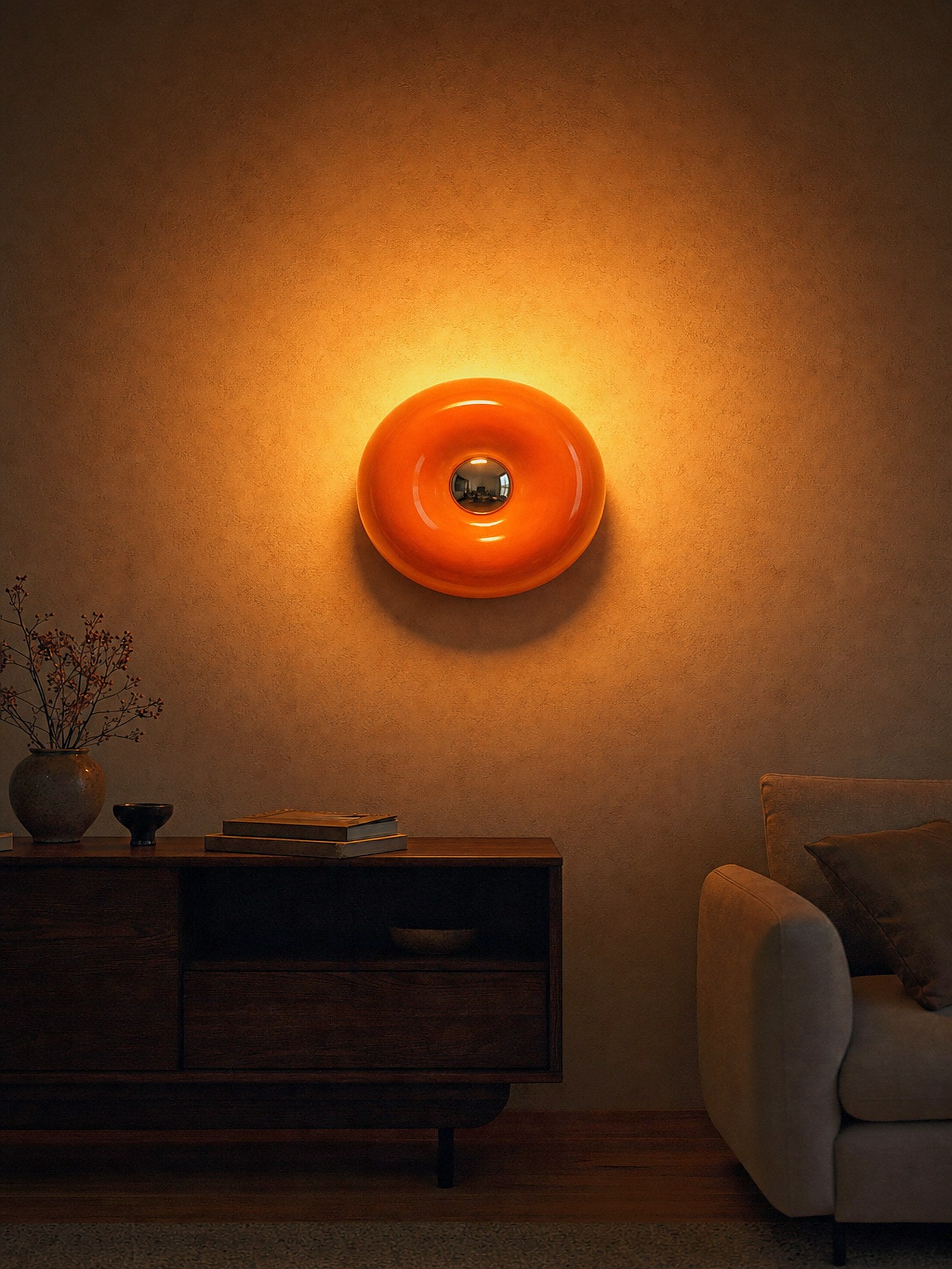 Ember mounted on a living-room wall, seen from across the room straight on as a full glowing circle